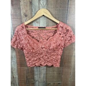 Iris Women Pink Lace Crop Top Short Sleeve V-Neck IT91608 Size Medium